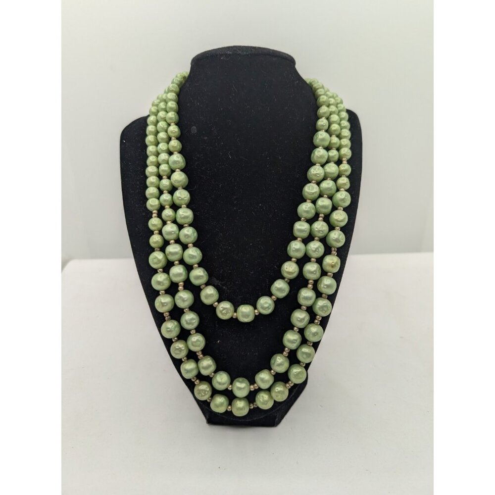 Vtg Necklace 3 Strand Mint Green Necklace faux Pearls baroque style unmarked